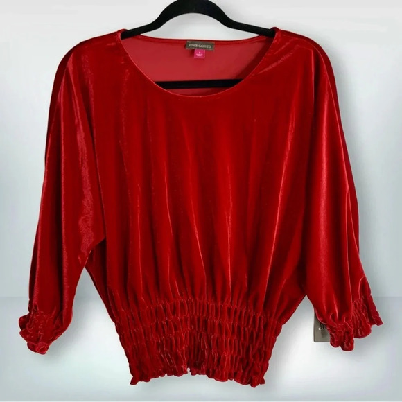 NWT Vince Camuto Dolman-Sleeve Smocked Waist Velvet 3/4 Sleeve Blouse, size S - Picture 2 of 10
